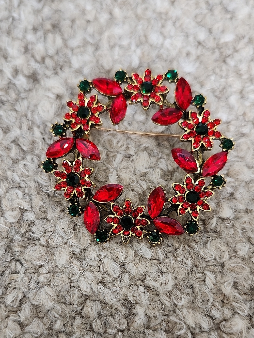 Vintage-Inspired Red & Green Crystal Floral Wreath Brooch